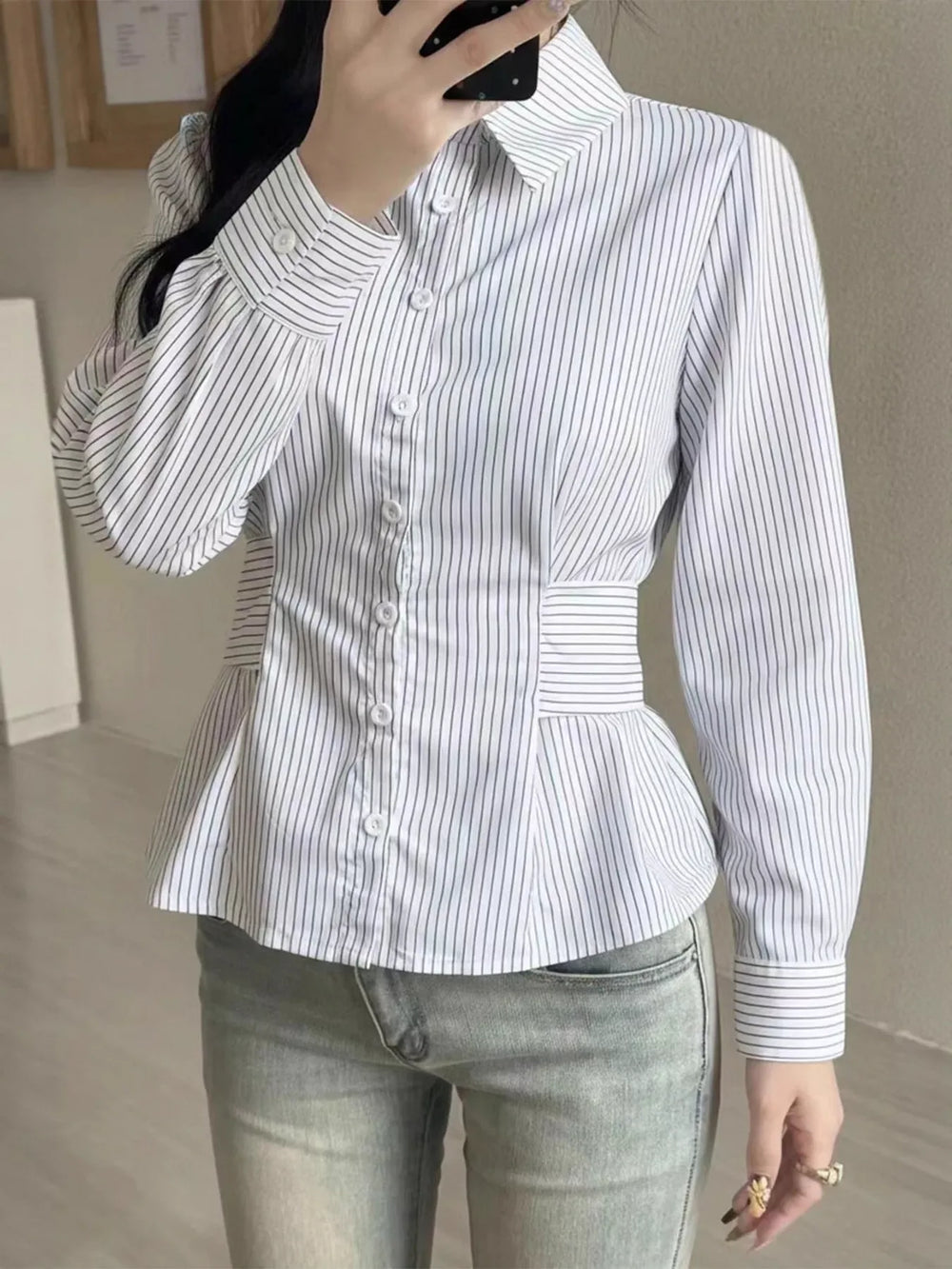 Striped Peplum Button Up Shirt - Trendsi - Flyclothing LLC
