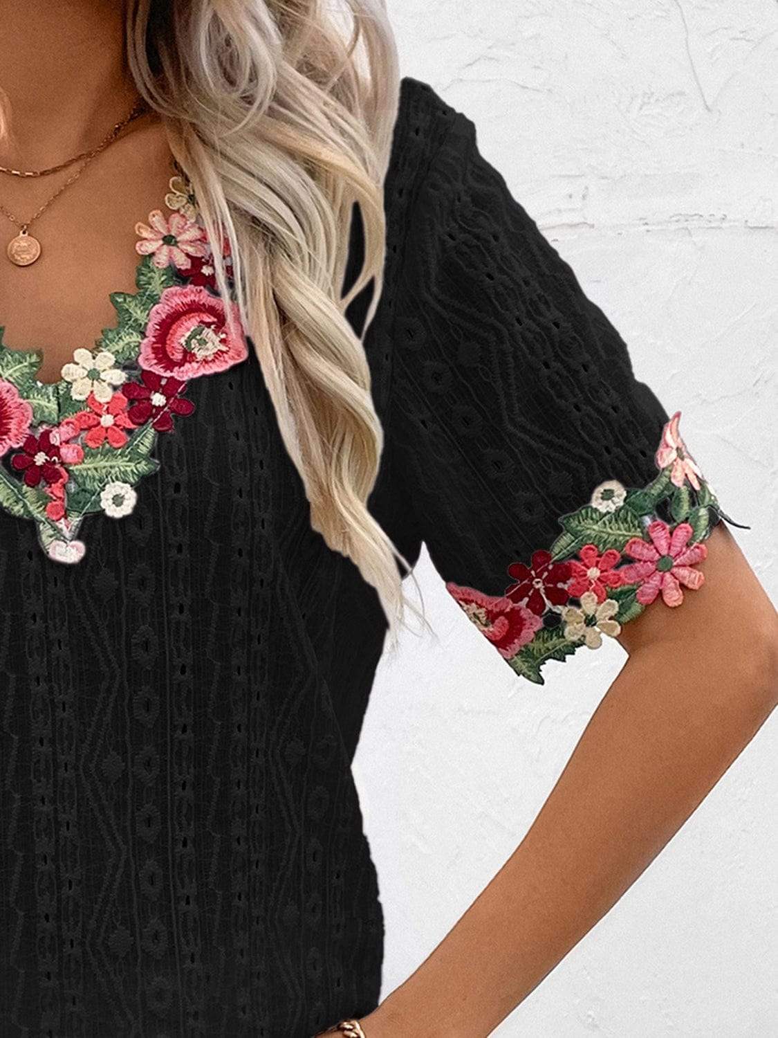 Eyelet Embroidered V-Neck Short Sleeve Blouse - Trendsi - Flyclothing LLC