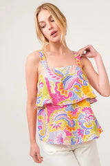 And The Why Square Neck Tiered Paisley Printed Top - Trendsi - Flyclothing LLC