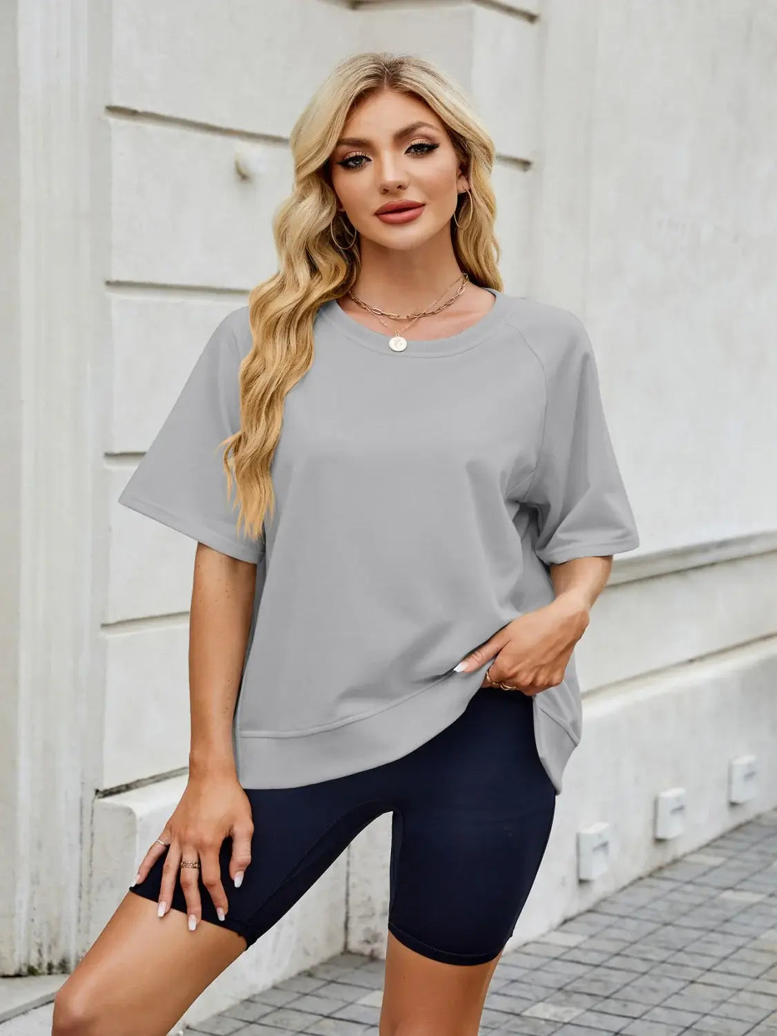 Round Neck Short Sleeve T-Shirt - Trendsi - Flyclothing LLC