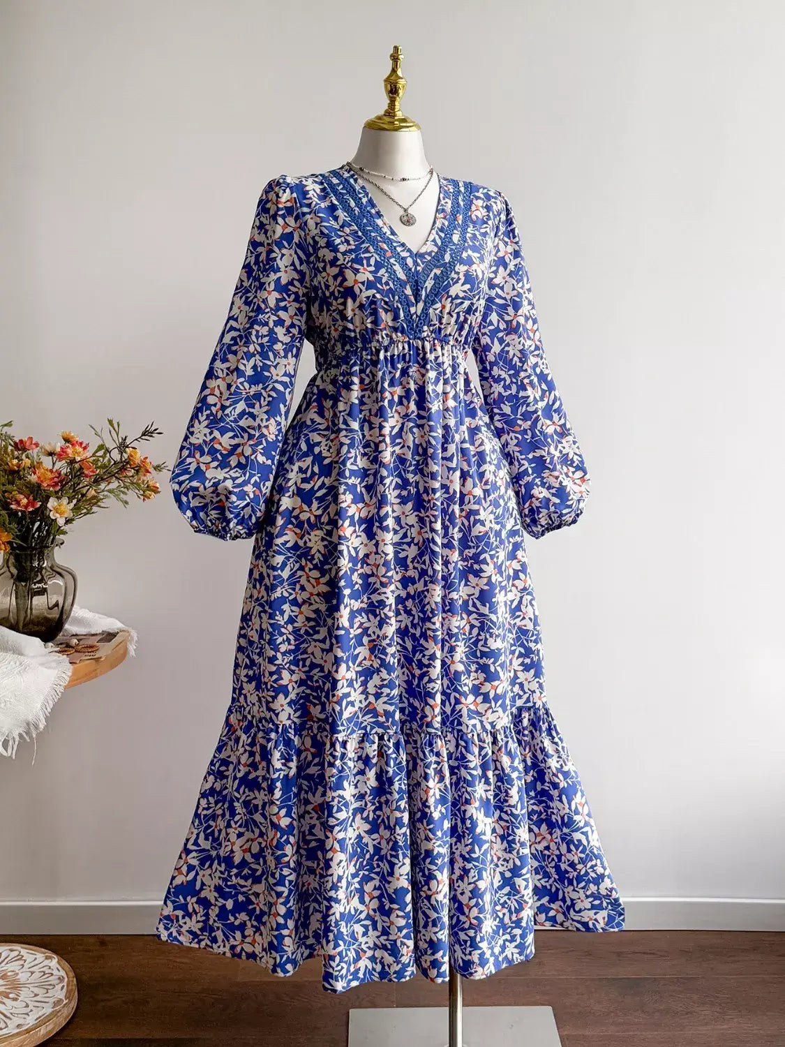 Plus Size Floral Print V-Neck Long Sleeve Maxi Dress - Trendsi - Flyclothing LLC