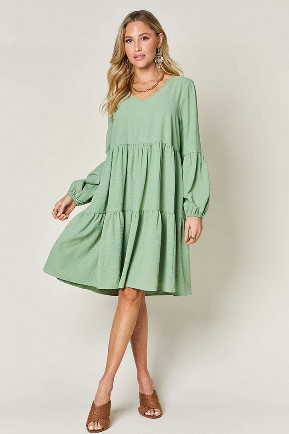 Double Take Full Size V-Neck Balloon Sleeve Tiered Dress - Trendsi - Flyclothing LLC