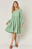 Double Take Full Size V-Neck Balloon Sleeve Tiered Dress - Trendsi - Flyclothing LLC