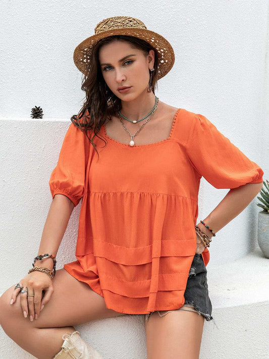 Plus Size Square Neck Half Sleeve Blouse - Trendsi - Flyclothing LLC