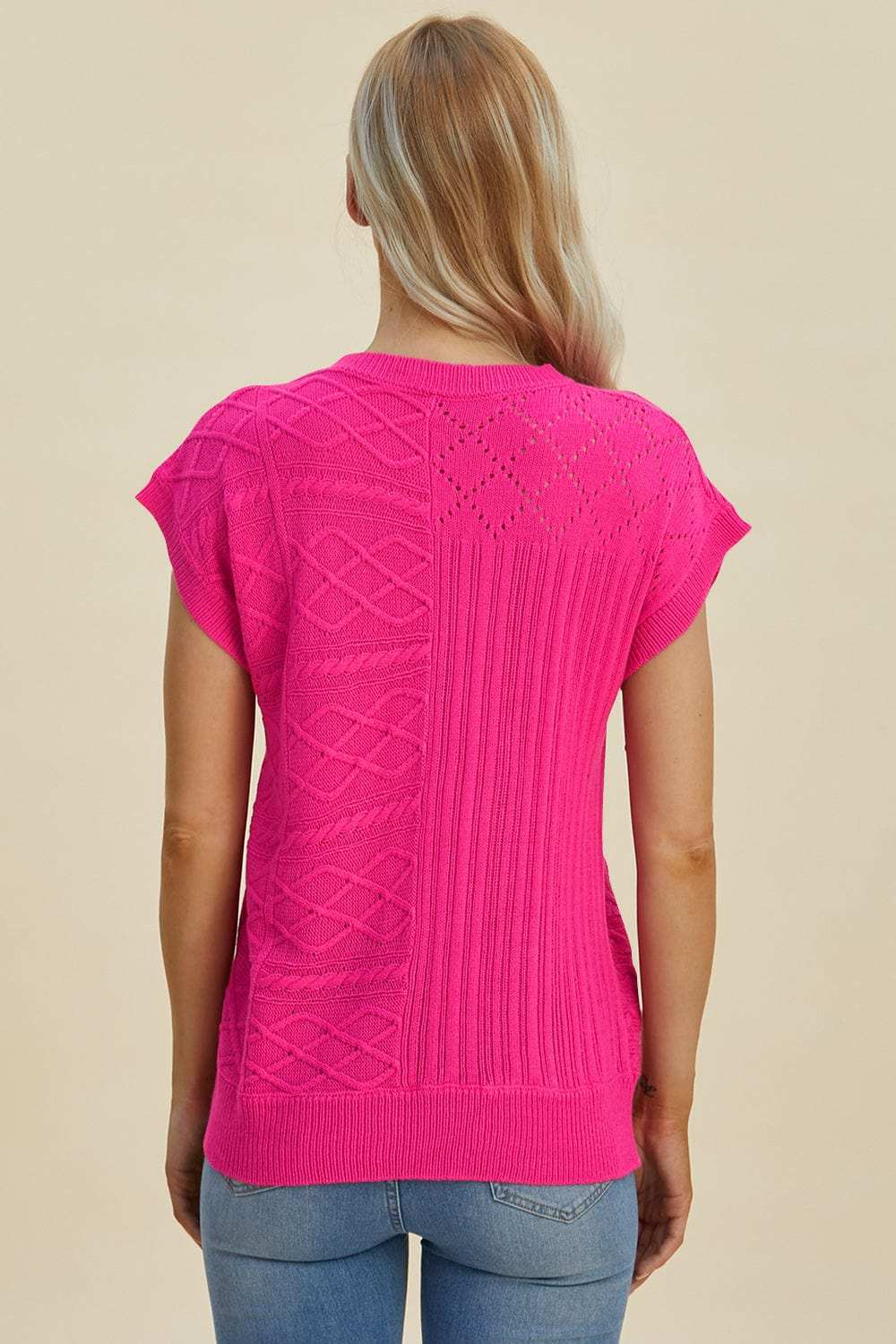 Double Take Full Size Cable-Knit Round Neck Cap Sleeve Sweater - Trendsi - Flyclothing LLC