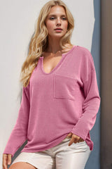 Double Take Striped Notched Long Sleeve T-Shirt - Trendsi - Flyclothing LLC
