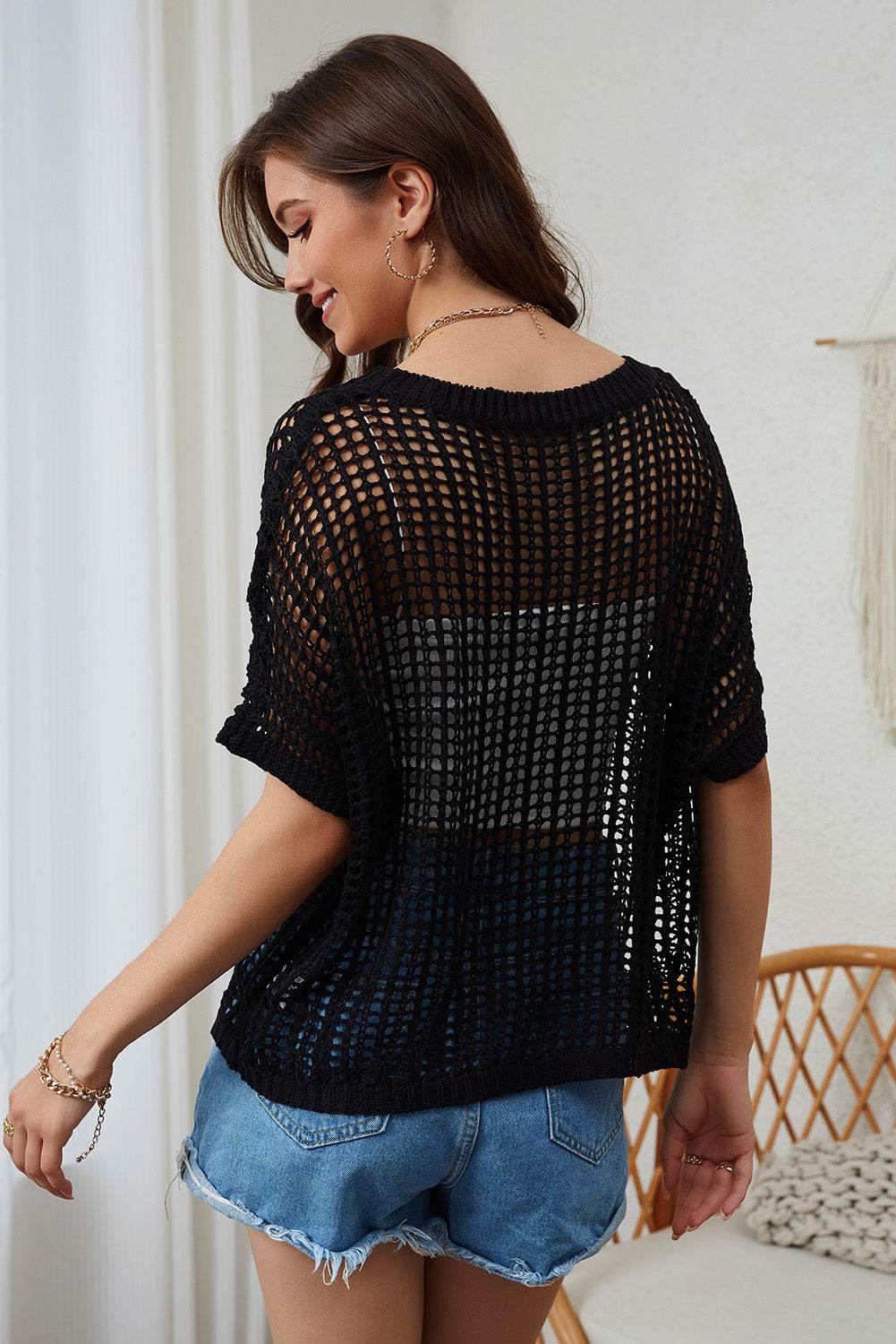 Openwork Round Neck Half Sleeve Knit Cover Up - Trendsi - Flyclothing LLC