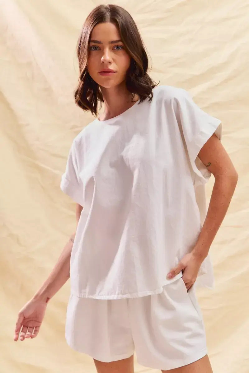 SO ME Round Neck Short Sleeve Top and Shorts Set - Trendsi - Flyclothing LLC