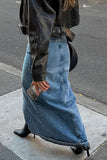 Slit Front Raw Hem Denim Maxi Skirt - Trendsi