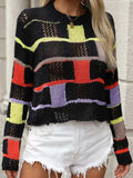 Openwork Color Block Round Neck Sweater - Trendsi - Flyclothing LLC