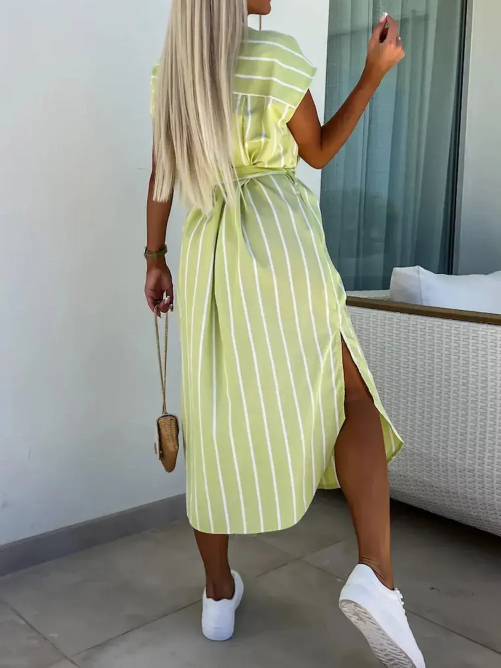 Striped Tie Waist Short Sleeve Dress - Trendsi - Flyclothing LLC