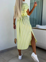 Striped Tie Waist Short Sleeve Dress - Trendsi - Flyclothing LLC