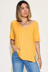 Basic Bae Full Size Bamboo Slit V-Neck Short Sleeve T-Shirt - Trendsi - Flyclothing LLC