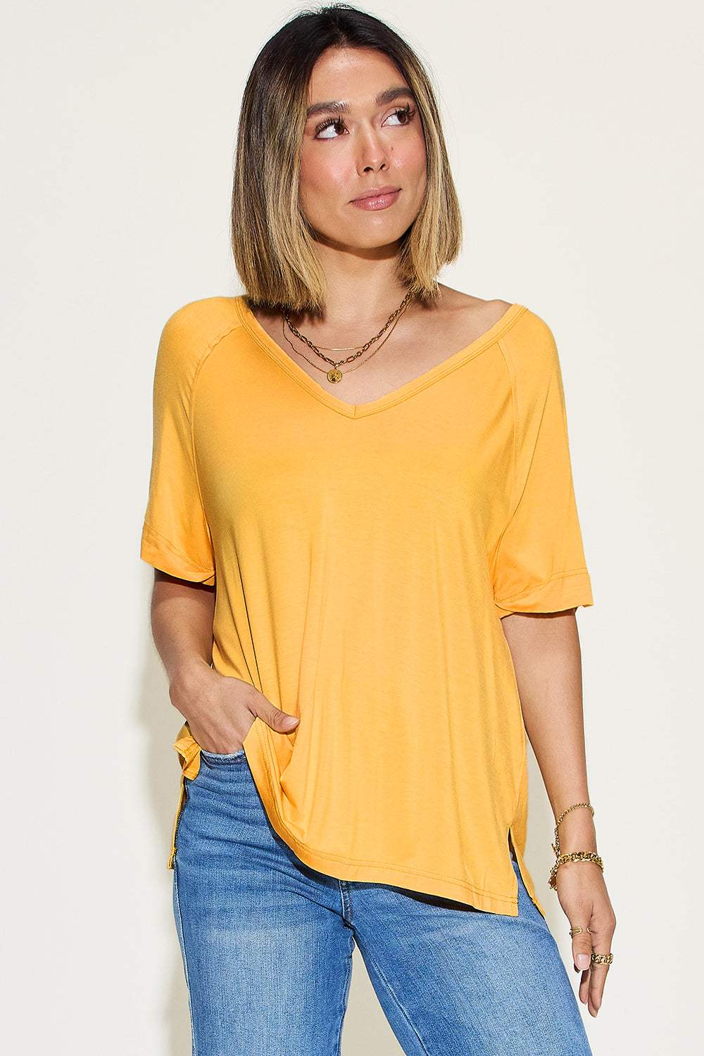 Basic Bae Full Size Bamboo Slit V-Neck Short Sleeve T-Shirt - Trendsi - Flyclothing LLC