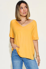 Basic Bae Full Size Bamboo Slit V-Neck Short Sleeve T-Shirt - ShopBasicbae - Flyclothing LLC