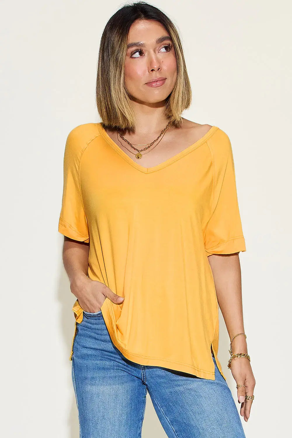 Basic Bae Full Size Bamboo Slit V-Neck Short Sleeve T-Shirt - ShopBasicbae - Flyclothing LLC