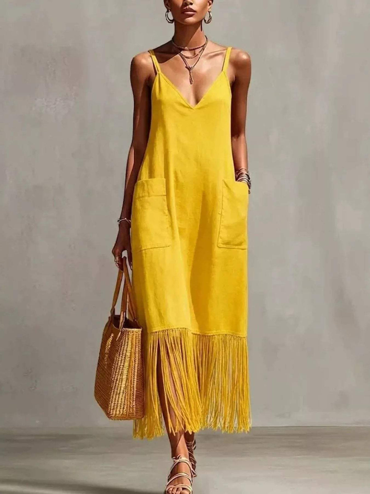 Full Size Fringe V-Neck Spaghetti Strap Dress Plus Size - Trendsi - Flyclothing LLC