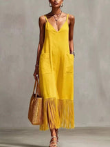 Full Size Fringe V-Neck Spaghetti Strap Dress Plus Size - Trendsi - Flyclothing LLC