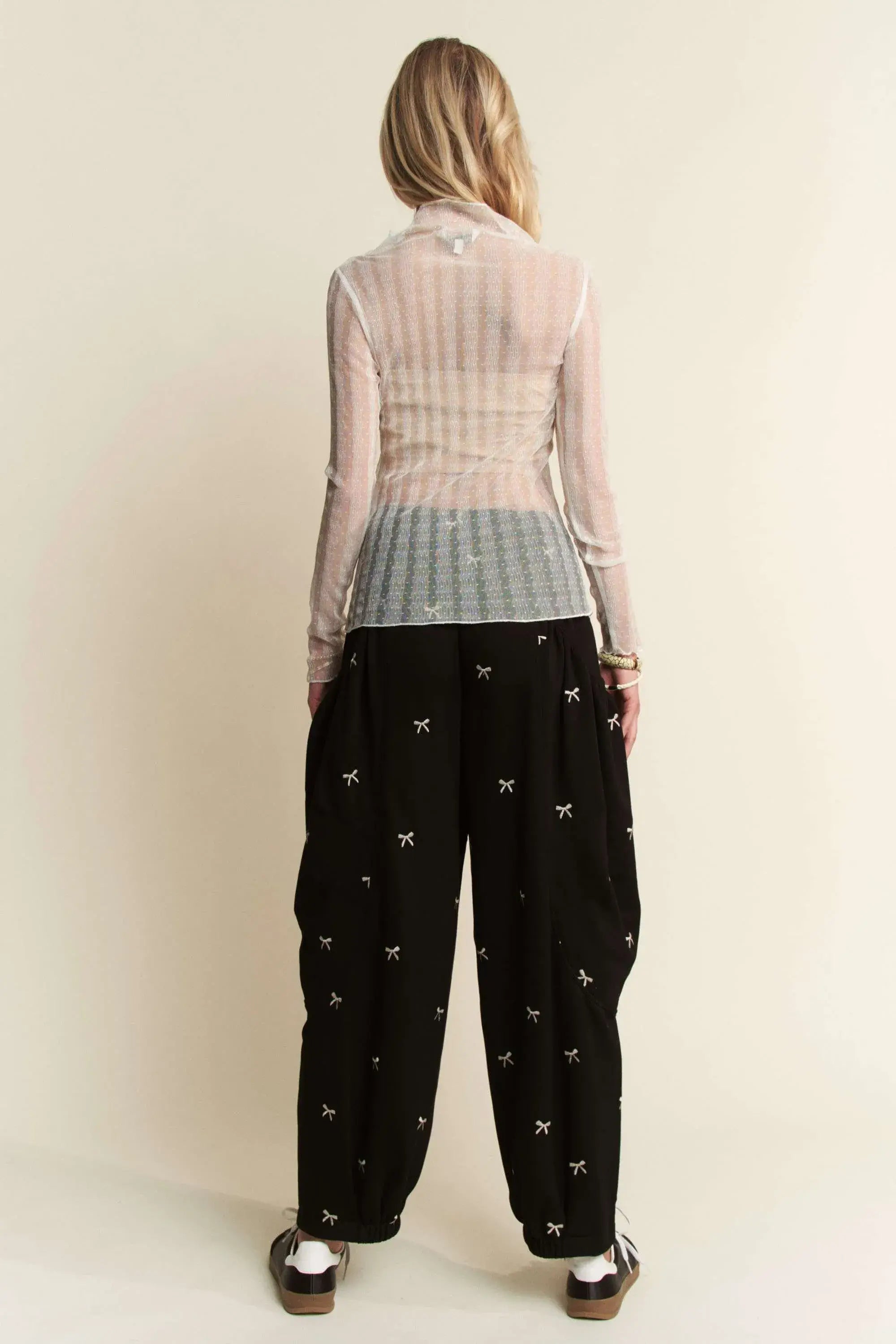 Davi & Dani Turtle Neck Lace Dotted Stretch Mesh Sheer Top - Trendsi - Flyclothing LLC