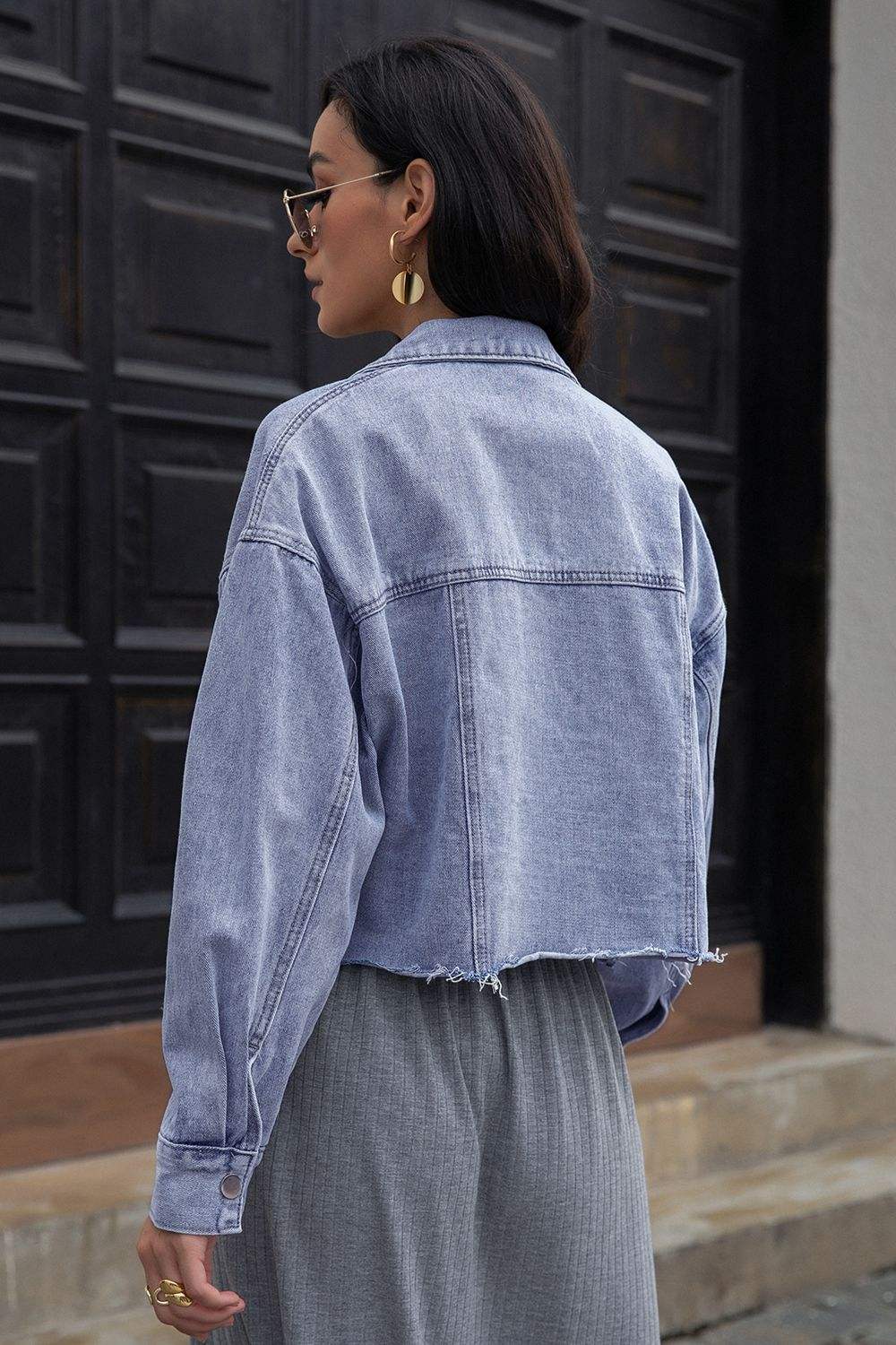 Lapel Collar Long Sleeve Denim Jacket - Trendsi - Flyclothing LLC