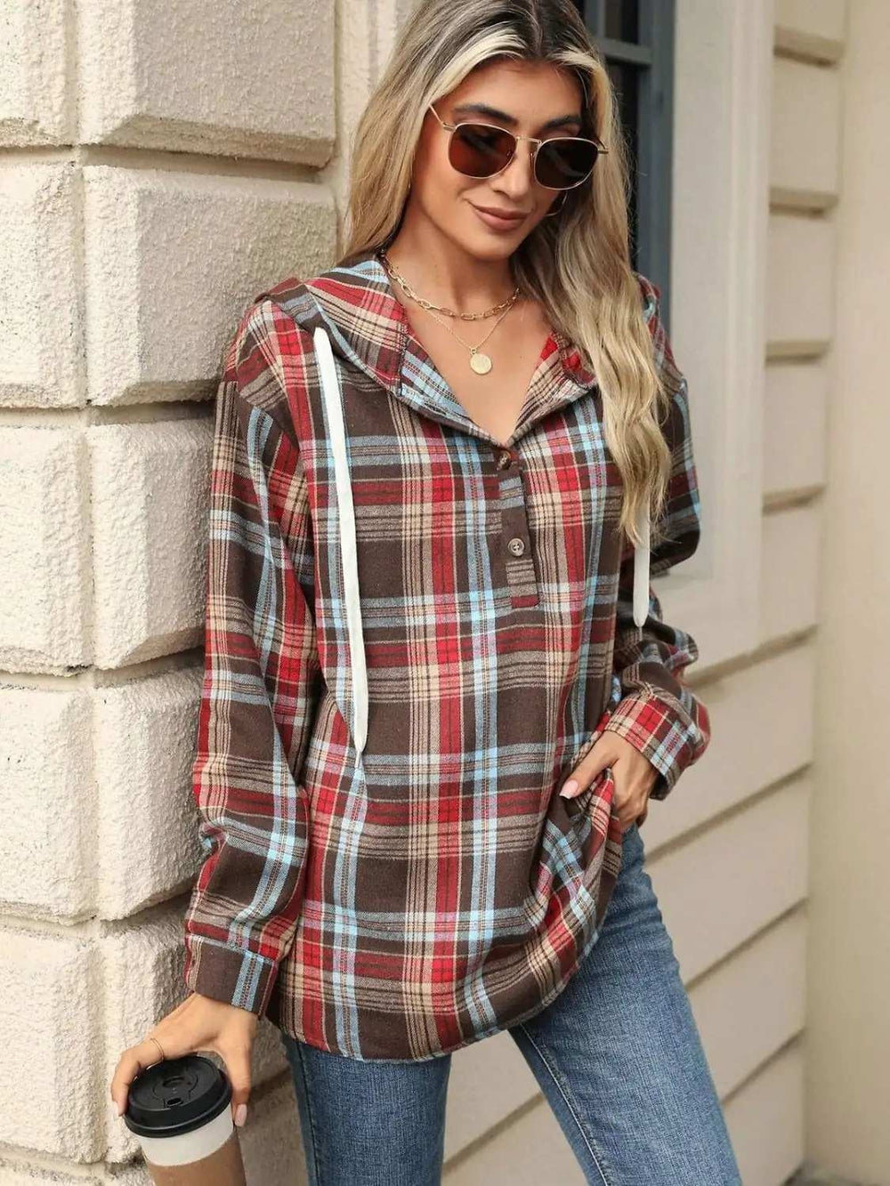 Drawstring Plaid Hooded Long Sleeve Top - Trendsi - Flyclothing LLC