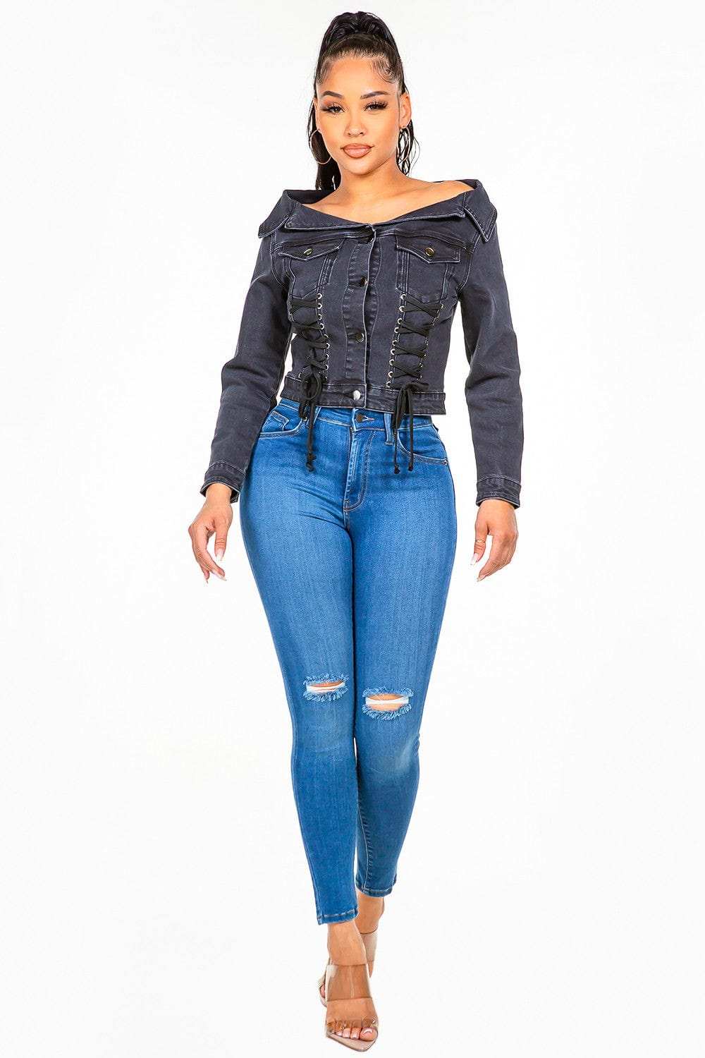 American Bazi Off Shoulder Lace Up Denim Jacket - Trendsi - Flyclothing LLC