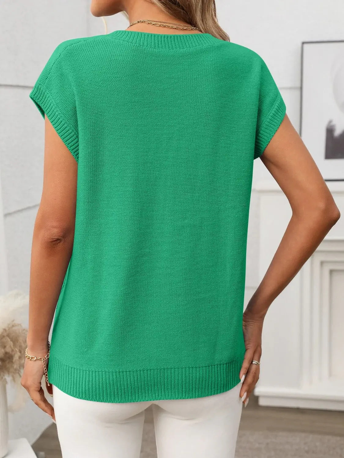 Cable-Knit V-Neck Short Sleeve Knit Top - Trendsi - Flyclothing LLC