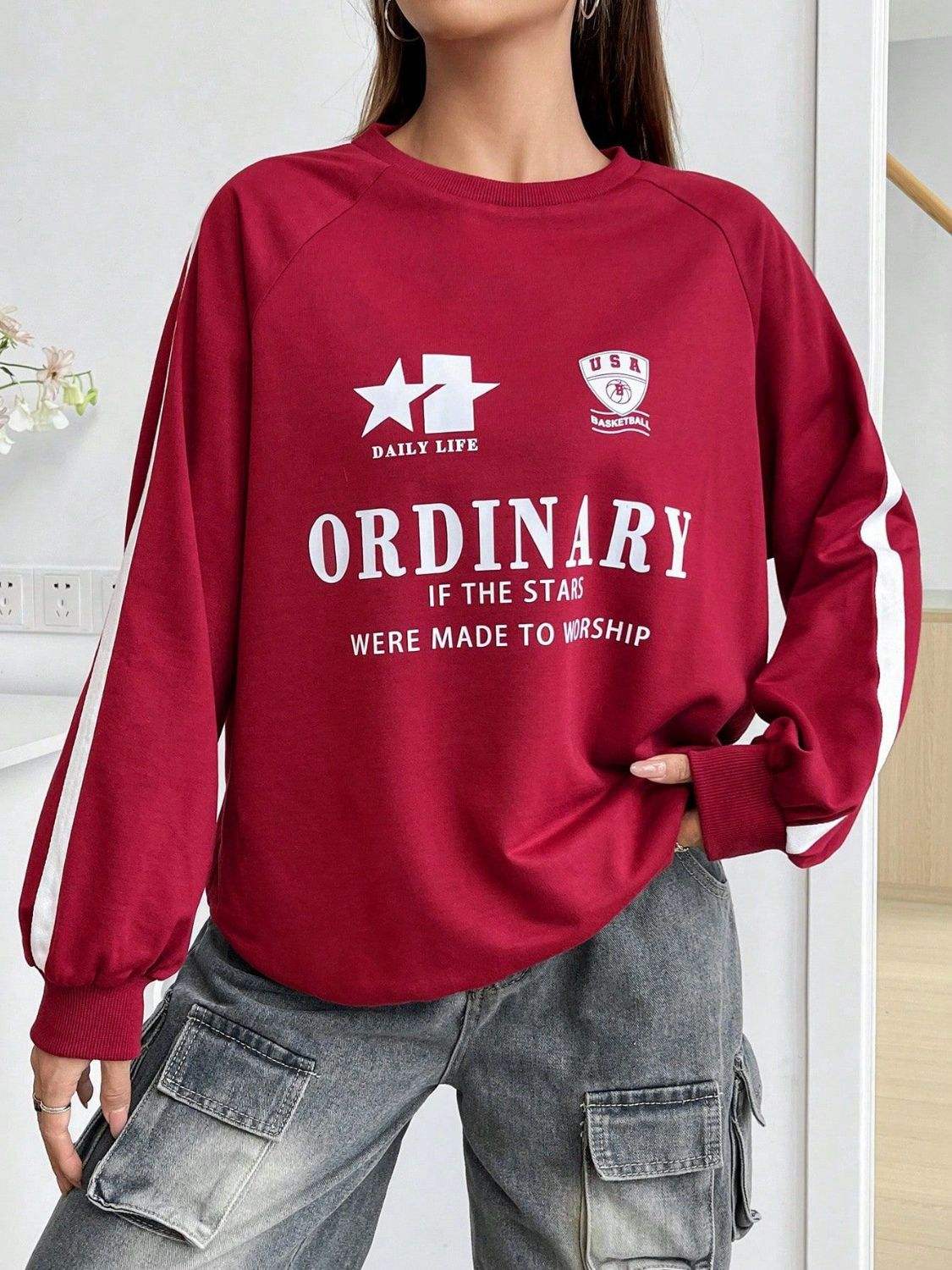 Letter Graphic Round Neck Long Sleeve Sweatshirt - Trendsi - Flyclothing LLC