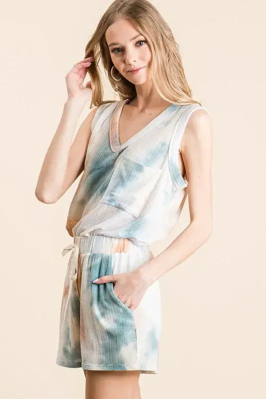 BiBi Tie Dye Textured Knit Top and Shorts Set - Trendsi - Flyclothing LLC