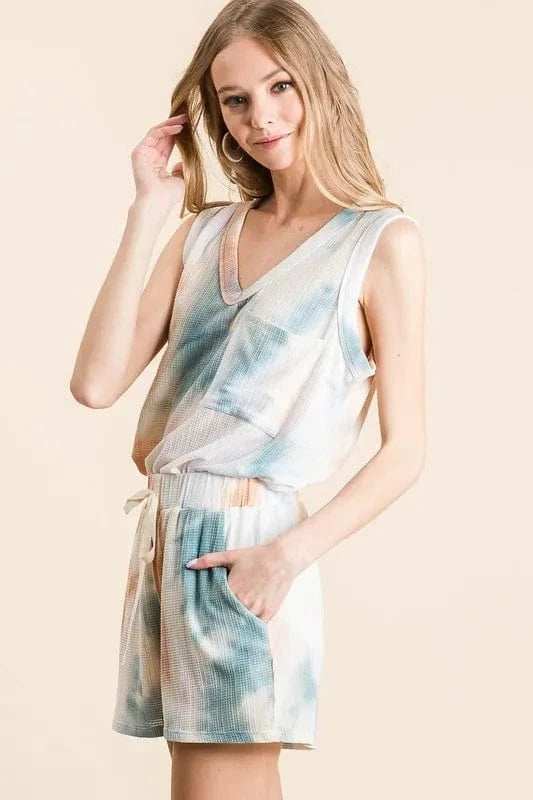 BiBi Tie Dye Textured Knit Top and Shorts Set - Trendsi - Flyclothing LLC