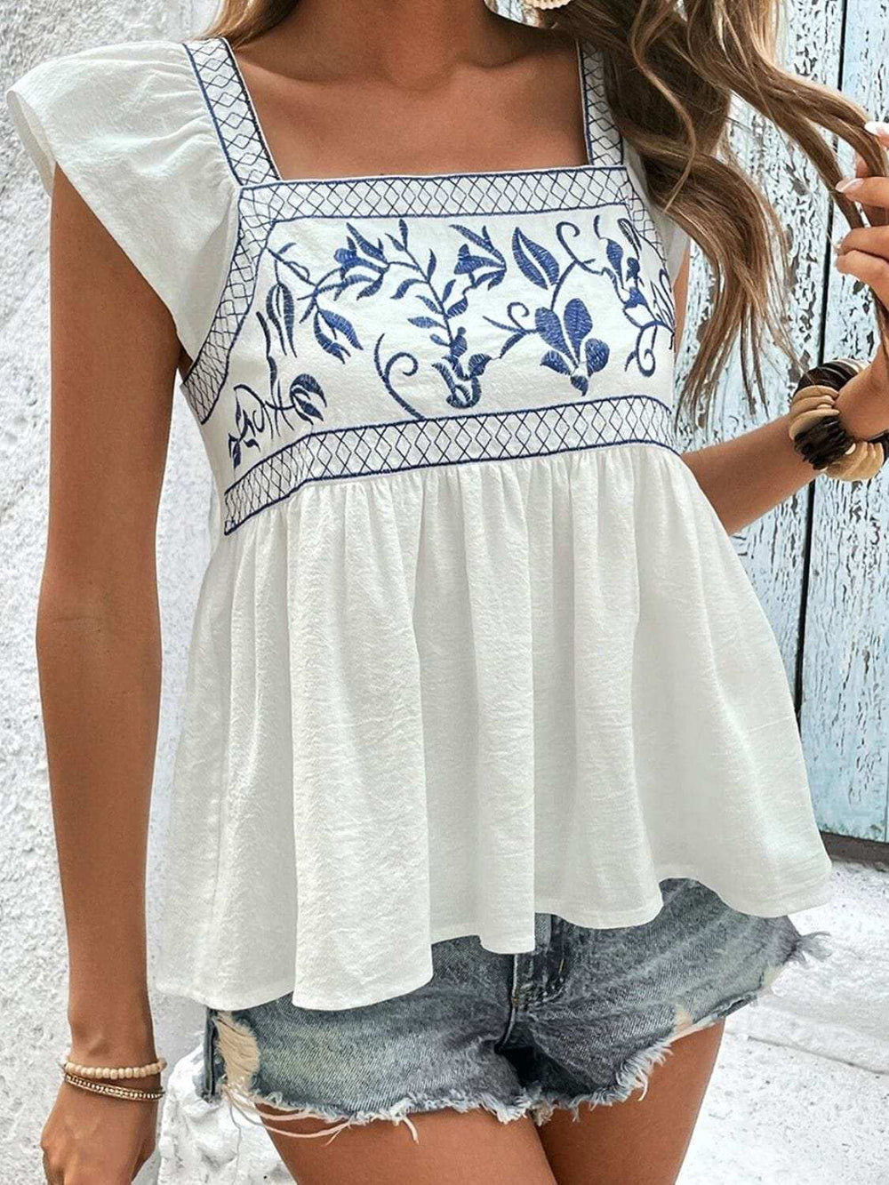 Tied Embroidered Ruffled Square Neck Cap Sleeve Blouse - Trendsi - Flyclothing LLC