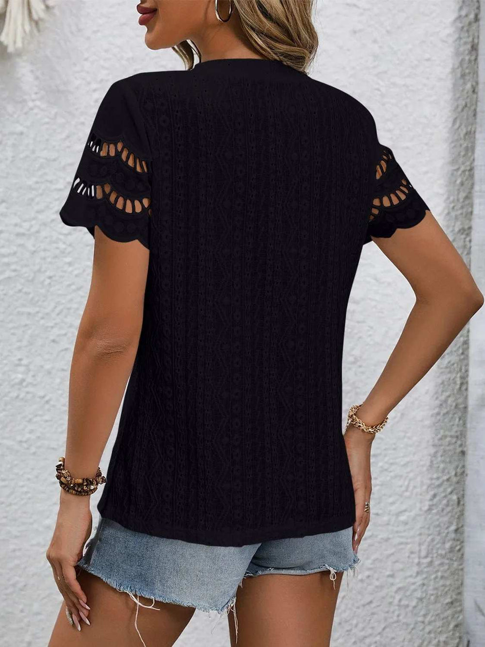 Full Size Eyelet Round Neck Short Sleeve Top - Trendsi - Flyclothing LLC