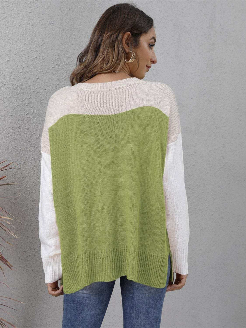 Color Block Round Neck Sweater - Trendsi - Flyclothing LLC