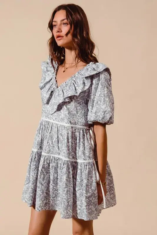 SO ME Cotton Printed Ruffle V Neckline Dress with Side Tie - Trendsi - Flyclothing LLC