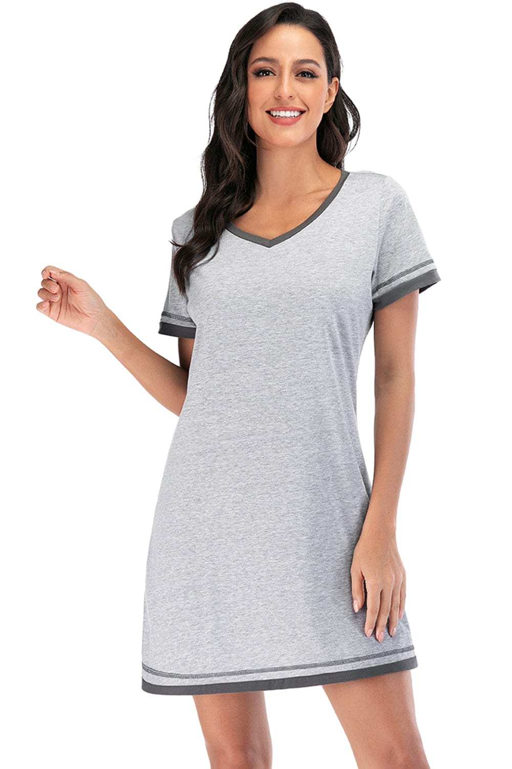 Contrast Trim Short Sleeve Lounge Dress - Trendsi - Flyclothing LLC
