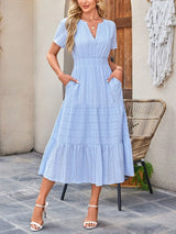 Tiered Notched Short Sleeve Dress - Trendsi - Flyclothing LLC