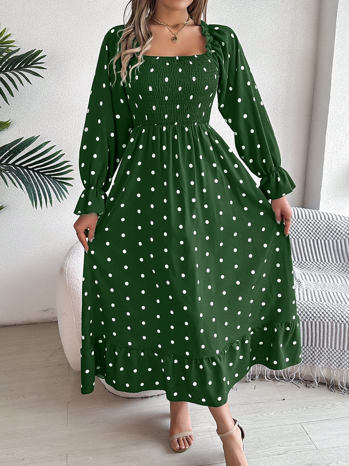Polka Dot Flounce Sleeve Midi Dress - Trendsi