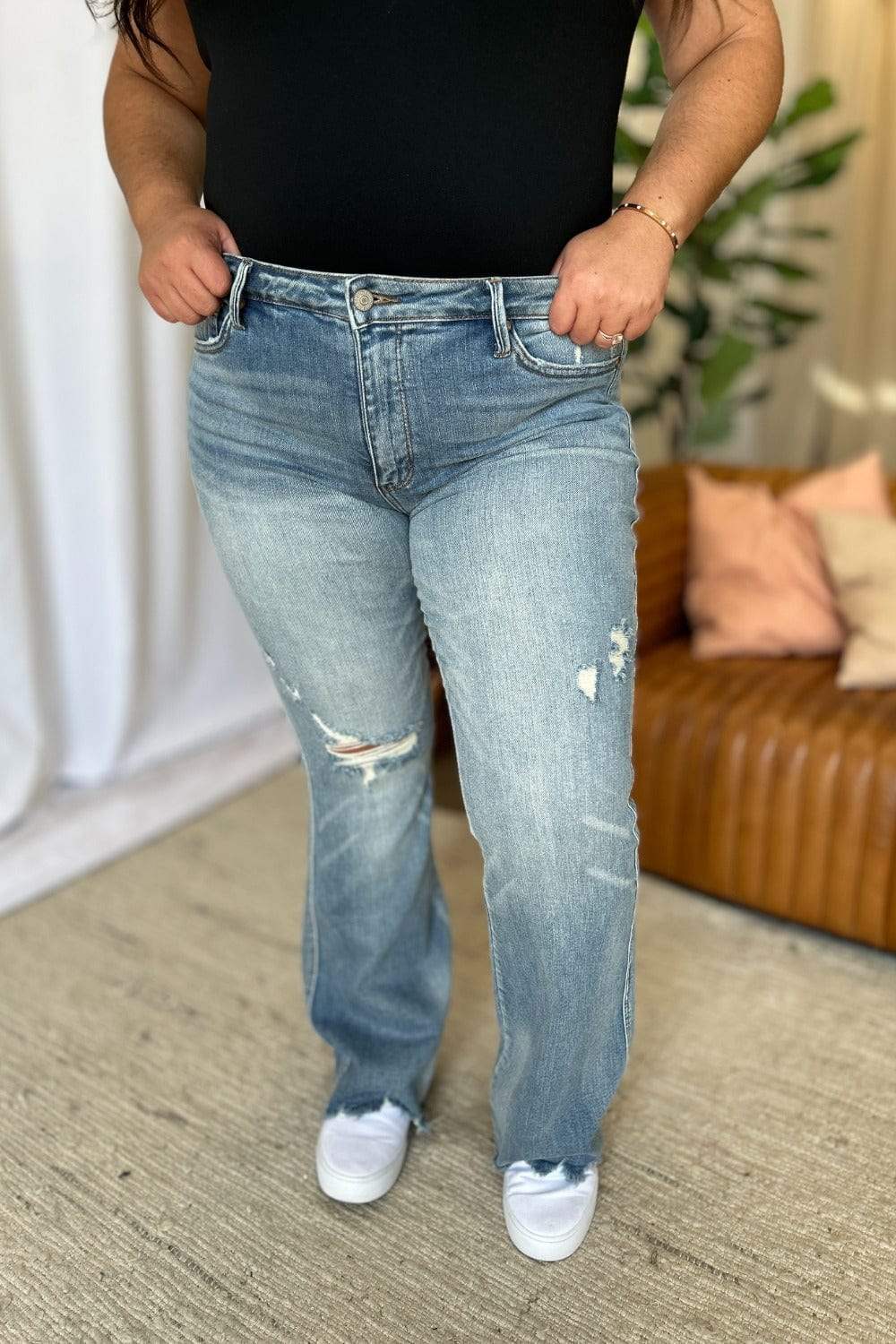 Judy Blue Full Size Medium Rise Tummy Control Destroy Flare - Trendsi - Flyclothing LLC