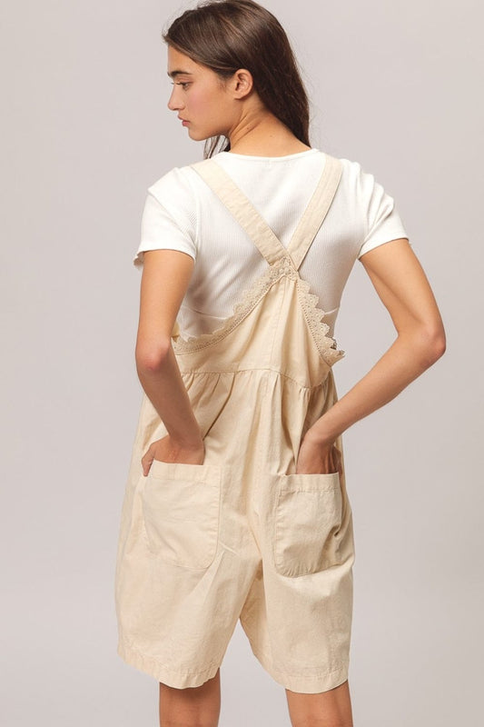 BiBi Back Patch Pocket Lace Trim Rompers - Trendsi