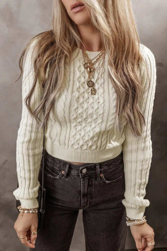 Cable-Knit Round Neck Long Sleeve Sweater - Trendsi - Flyclothing LLC