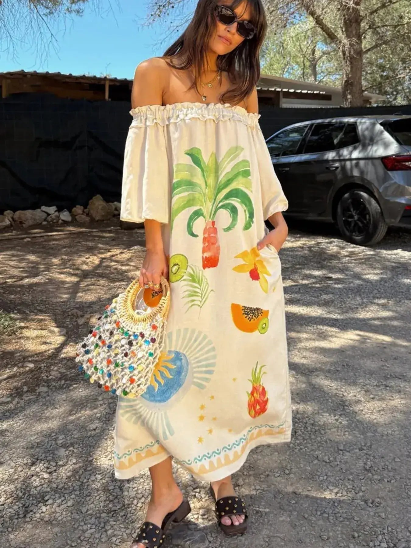 Frill Printed Off-Shoulder Dress - Trendsi - Flyclothing LLC