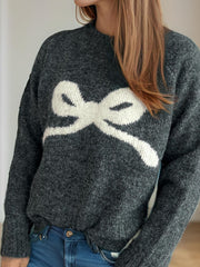 Bow Round Neck Long Sleeve Sweater - Trendsi