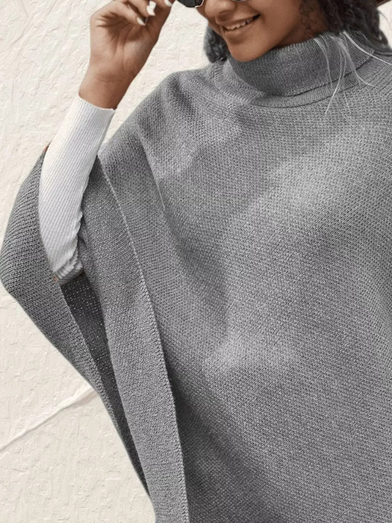 Button-Decor Turtleneck Poncho Pullover - Trendsi - Flyclothing LLC