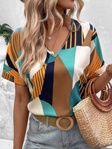 Printed V-Neck Short Sleeve Blouse - Trendsi - Flyclothing LLC