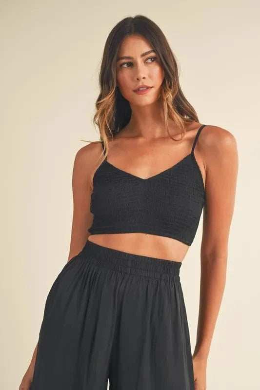 MABLE Smocked Bralette Crop Top and Wide Leg Pants Set - Trendsi - Flyclothing LLC