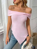 Ribbed Off-Shoulder Asymmetrical Hem T-Shirt - Trendsi - Flyclothing LLC