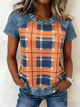 Denim Patchwork Short Sleeve Blouse - Trendsi - Flyclothing LLC