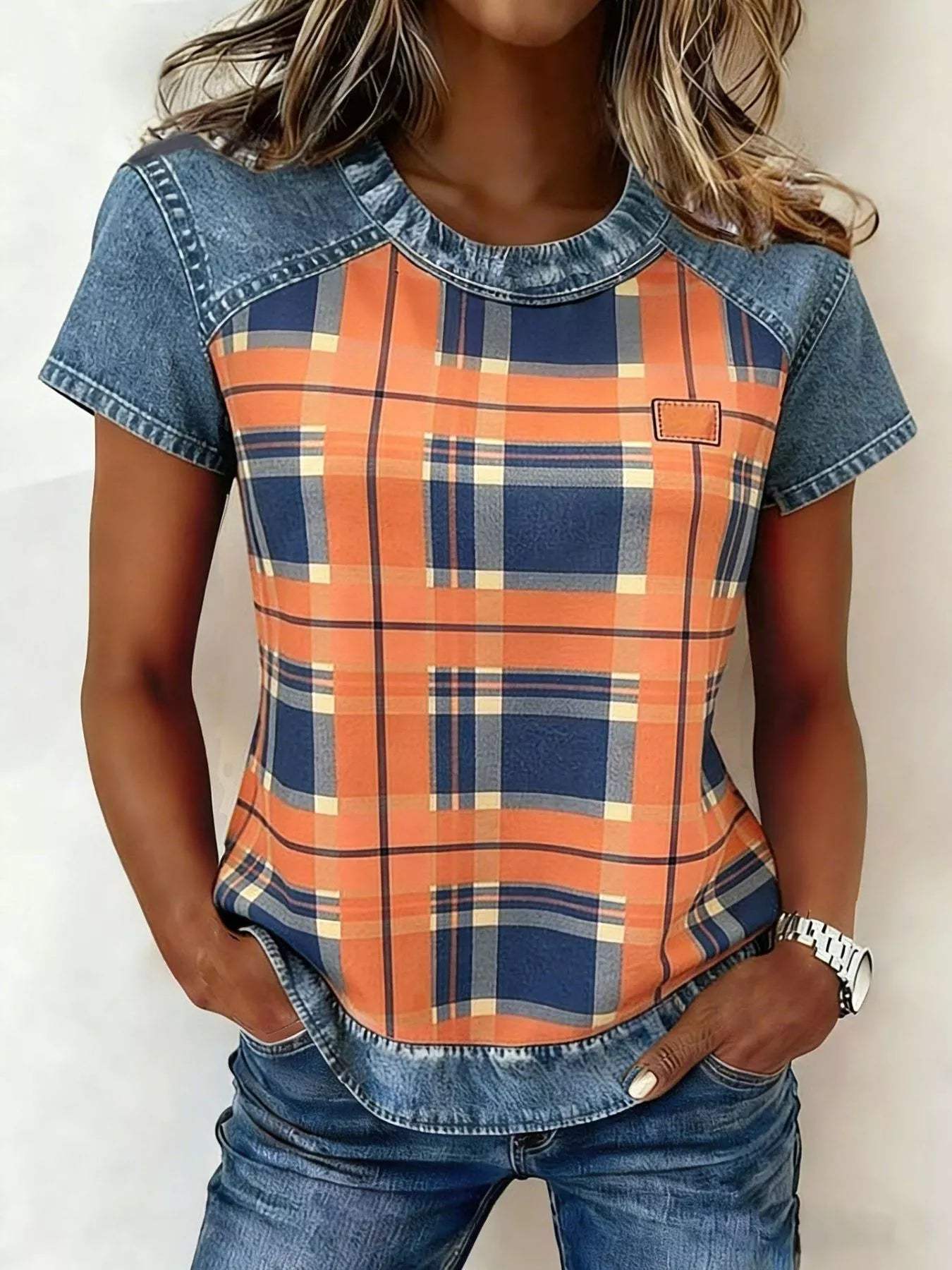 Denim Patchwork Short Sleeve Blouse - Trendsi - Flyclothing LLC