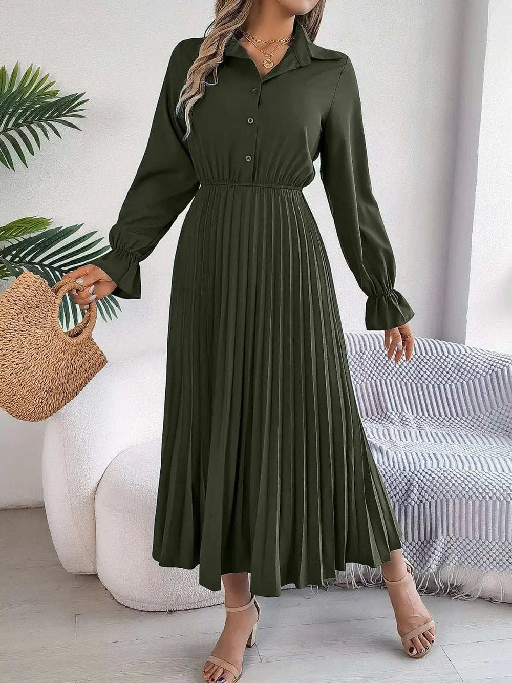 Pleated Half Button Long Sleeve Midi Dress - Trendsi - Flyclothing LLC