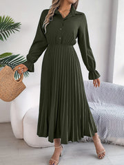 Pleated Half Button Long Sleeve Midi Dress - Trendsi